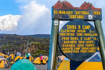 Fototapete Kilimandscharo Camping on mount Kilimanjaro in tents to see the glaciers in Tanzania, Africa