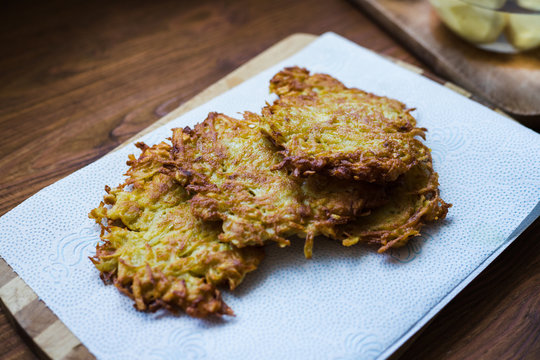 Picture of potato pancakes on a white plate, top view