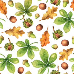 Seamless pattern with chestnuts, acorns and autumn leaves.