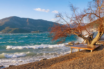 Sunny Mediterranean landscape on  windy day. Montenegro, Adriatic Sea, view of Bay of Kotor near...