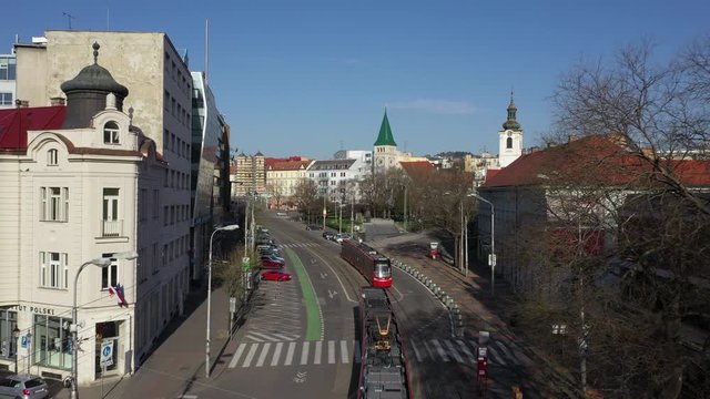 flying above two railways on totally empty SPN square in centre Bratislava