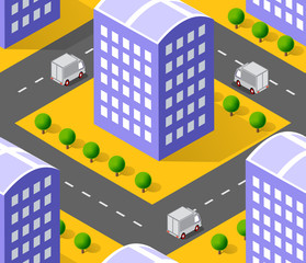 Urban isometric area with building trees lawns