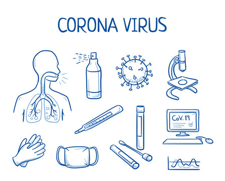Set of different icons of corona virus infection, testing and prevention: gloves, testing tubes, respiratory mask, disinfectant and computer. Hand drawn line art cartoon vector illustration.