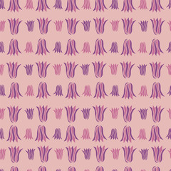 Vector seamless pattern with lila, violet, pink bluebell blossom two sizes in a row a pink background.