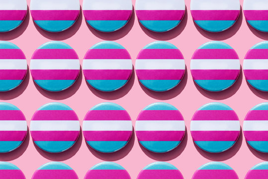 Close up of transgender pride flag badges