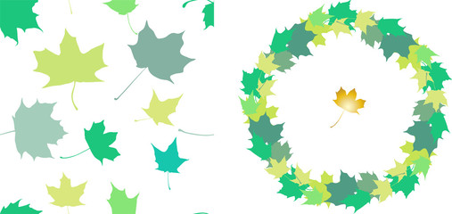 Set of seamless pattern with green leaves on transparent background and round frame