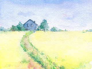 Watercolor beautiful village landscape with path to the house. Hand drawn illustration. - 336220305