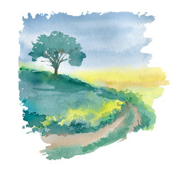 Beautiful village landscape with lonely tree, road and field. Hand painted in watercolor. - 336220358