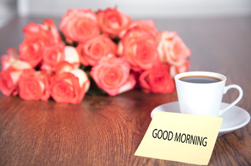 roses and coffee with good morning text