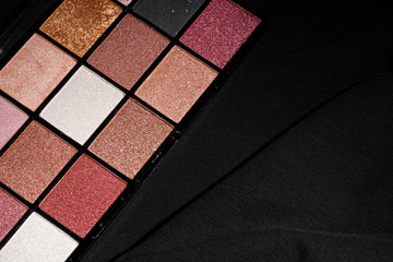 Color professional cosmetic palette on a dark background, close up