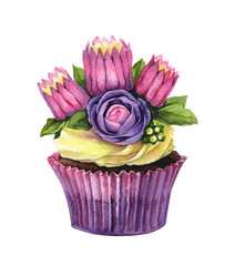 cupcake with cheese cream, cream flowers on a cupcake drawn by hand in watercolor isolated on a white background, illustration of beautiful culinary sweets for printing, delicious macaroon sweets.