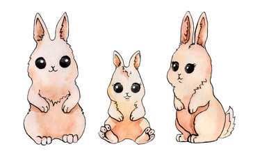 spring Easter bunnies hand-drawn in watercolor isolated on a white background , illustration of a small rabbit for the traditional spring holiday for printing on postcards and fabrics.