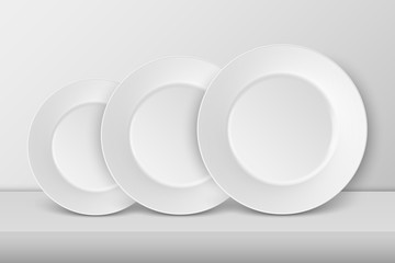 Vector 3d Realistic White Porcelain Food Dish Plate Set Different Size Closeup. Front View. Design template, Mock up for Graphics, Branding Identity, Printing, etc