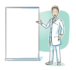 Scientist, doctor or pharmacist presenting something at board or display. Concept for presentation, lecture or lesson. Hand drawn cartoon sketch vector illustration, whiteboard marker style coloring. 