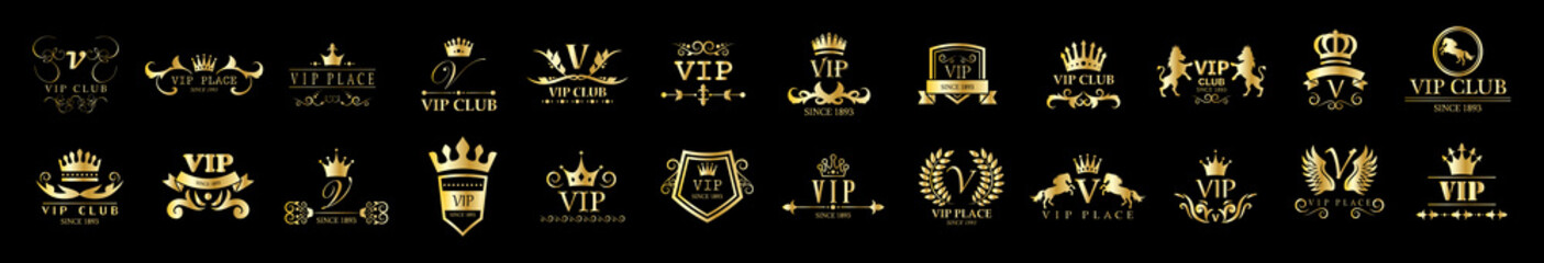 Golden Vip Logo Set - Isolated On Black Background, Vector Illustration. Icons Collection Of Golden Vip Logo, Gold Emblem And Label. Useful For Badge, Seal And Design Template. Luxury Logo Vector - obrazy, fototapety, plakaty