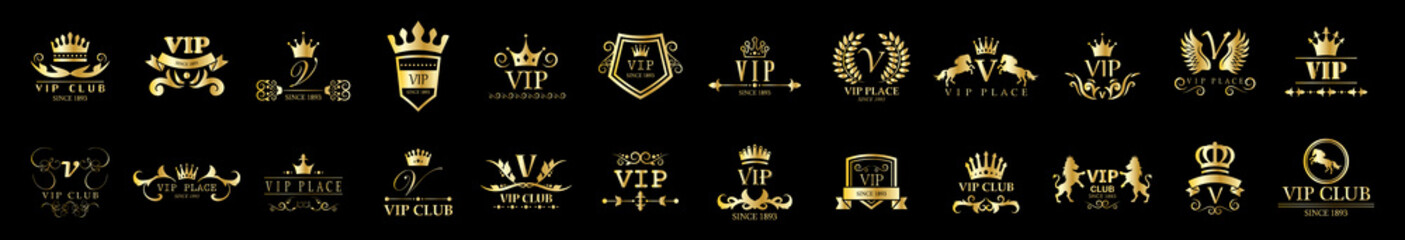 Golden Vip Logo Set - Isolated On Black Background, Vector Illustration. Icons Collection Of Golden Vip Logo, Gold Emblem And Label. Useful For Badge, Seal And Design Template. Luxury Logo Vector - obrazy, fototapety, plakaty