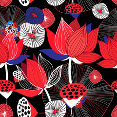 Seamless bright floral background with red lotuses