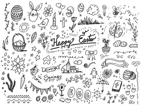 Easter hand drawn vector doodles over white background