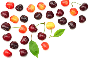 cherry with green leaf isolated on white background. Top view