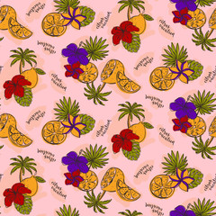 Seamless pattern with lemons, fruits, palms and blossoms.  - 336223349