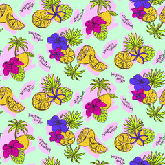 Seamless pattern with lemons, fruits, palms and blossoms.  - 336223351