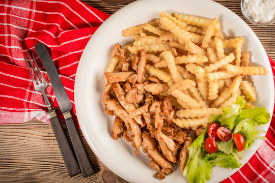 Greek Gyros Dis With Fries And Salad