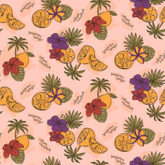 Seamless pattern with lemons, fruits, palms and blossoms. Vector illustration. - 336223501