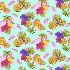 Seamless pattern with lemons, fruits, palms and blossoms. Vector illustration. - 336223536