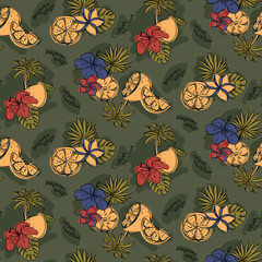Seamless pattern with lemons, fruits, palms and blossoms. Vector illustration. - 336223558