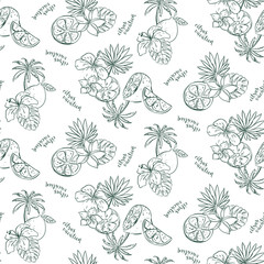 Seamless pattern with lemons, fruits, palms and blossoms. Vector illustration. - 336223592