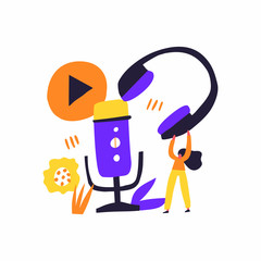 Podcast show hand drawn flat vector illustration. Young woman with headphones and microphone cartoon character. Internet radio broadcasting, multimedia entertainment abstract concept