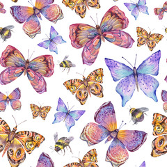 Watercolor summer natural colorful butterfly seamless pattern.