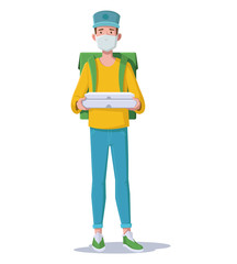 Young delivery man in mask is standing with boxes of pizza. Vector illustration.