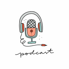 Media tools, earphones and mic doodle icon. Sound recording equipment, broadcasting facilities handdrawn vector illustration. Podcast studio items, microphone and headphones isolated color drawing