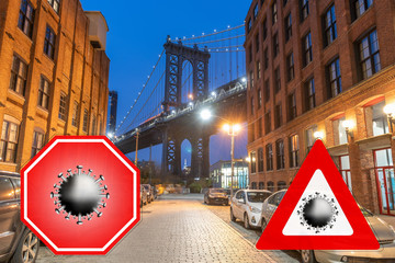 New York City, USA. Concept image with large red coronavirus warning sign in front of Brooklyn...