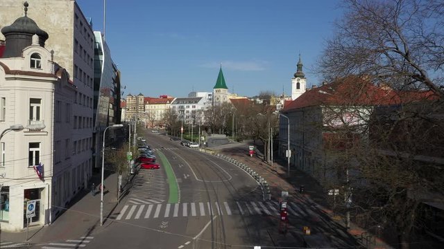 flying above railways on empty SPN square in centre Bratislava
