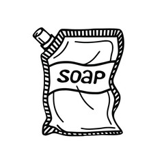 hand-drawn packaging with liquid soap, isolated on a white background. Vector illustration in the Doodle style.