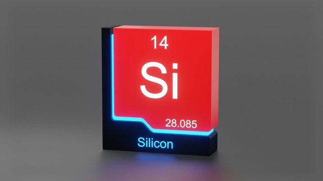 Silicon, periodic table element 3D animation, modern educational red icon with blue neon light	