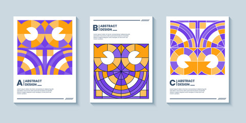Three abstract bold pop art style covers backgrounds with geometric shape composition. Trendy young culture geometry. Applicable for Cover, Poster, Card Design, Banners.