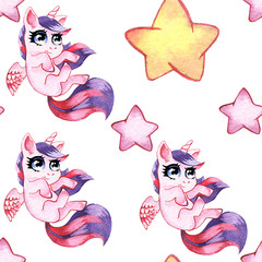 small unicorns and Pegasus in a pattern for children, painted with watercolor for printing on fabric or to use as a Wallpaper.