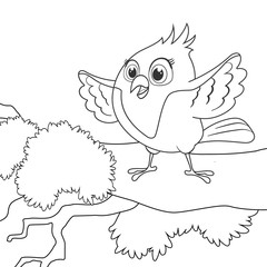 Coloring page outline of cartoon bird on branch. Page for coloring book of funny birdie for kids. Activity colorless picture about cute animals. Anti-stress page for child. Black and white vector.