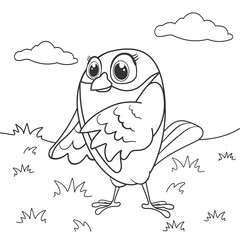 Coloring page outline of cartoon littel bird. Page for coloring book of birdie for kids. Activity colorless picture about cute animals. Anti-stress page for child. Black and white vector illustration