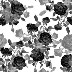 Pink and white roses, buds and blossoms hand-painted in watercolor pattern for printing on fabric, for printing on paper for packaging or for wedding invitations.