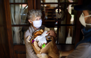 Fototapeta na wymiar Courier delivering shopping to senior woman with face mask, corona virus and quarantine concept.