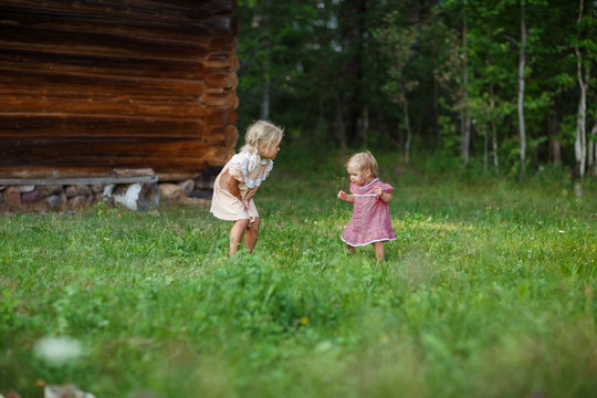 girls children walk in the meadow, collect wild flowers, baby takes the first steps, sisters, happy childhood, summer