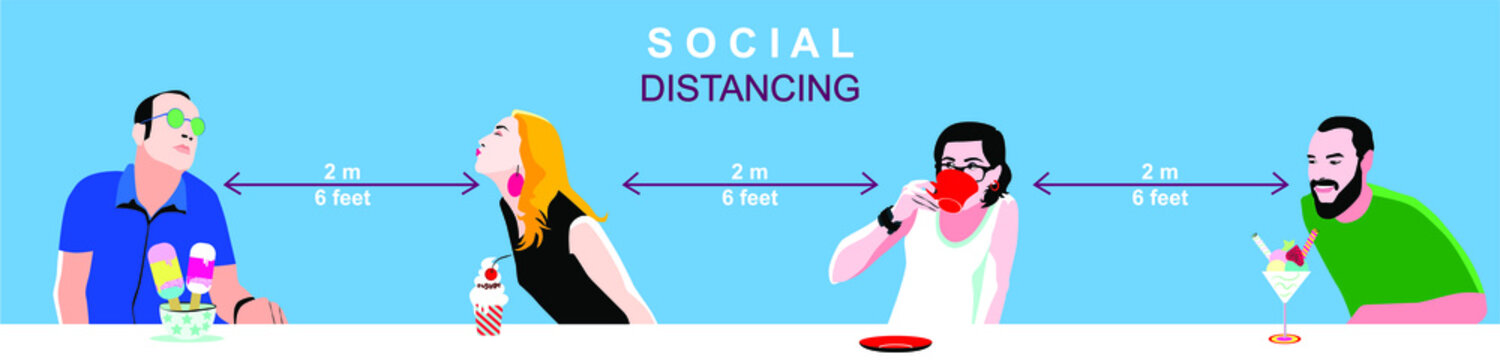 Social Distancing Concept, Man And Woman, People Standing Away To Prevent COVID-19 Coronavirus Disease.vector Illustration.