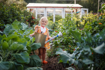 girl child in the garden watering plants, a small gardener, summer in the village