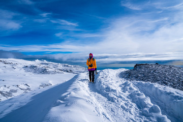 Gruppe Wanderer, die zwischen Schnee und Felsen des Kilimanjaro-Berges wandern