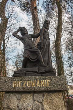 Lesniow, Zarki, Poland, 31 March 2019: Rosary Mysteries Surrounded by the Sanctuary Mother of God in Lesniow, Poland, Silesia - prayer in Gethsemane