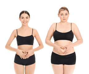 Slim and overweight women on white background. Weight loss concept